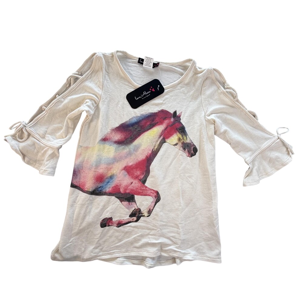 Love Alexa Shirt Girls Size M White Horse Graphic 3/4 Sleeve Cold Shoulder